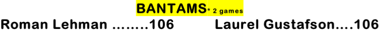 BANTAMS* 2 games
Roman Lehman ……..106          Laurel Gustafson….106
             
